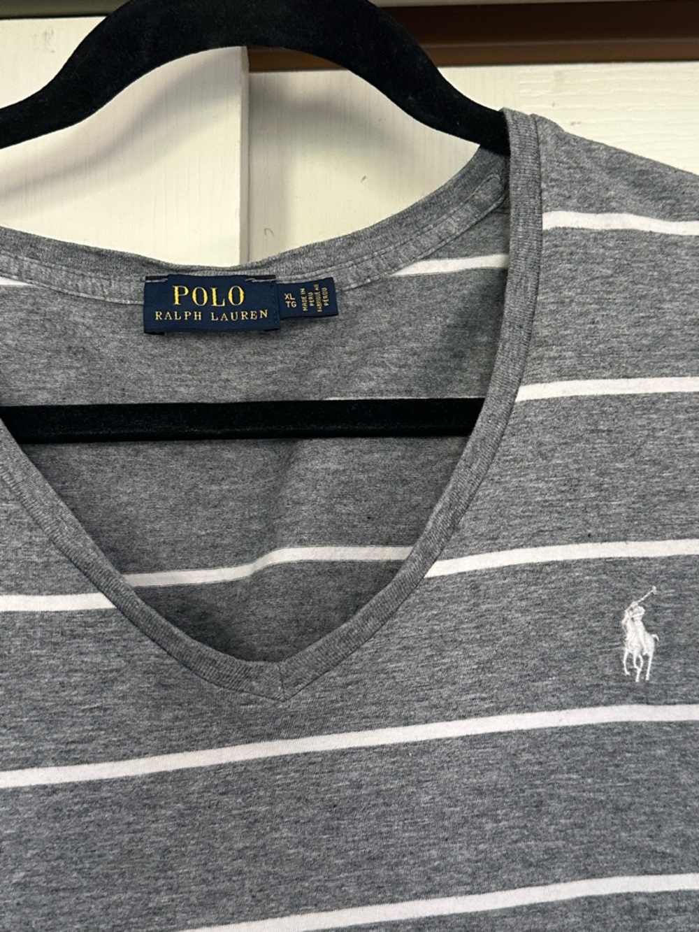 Polo by Ralph Lauren Gray and White Striped V-Neck Tee - Picture 2 of 3